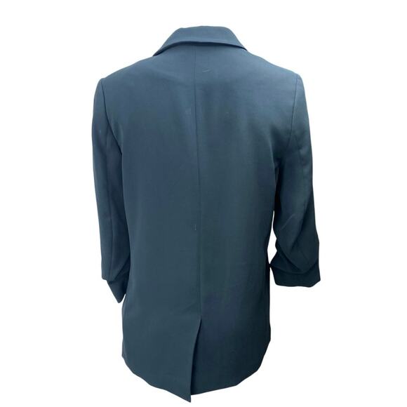 H&M Women's Blue Green Open Front Ruched 3/4 Sleeve Blazer Coat Jacket Size 6 - Picture 2 of 4